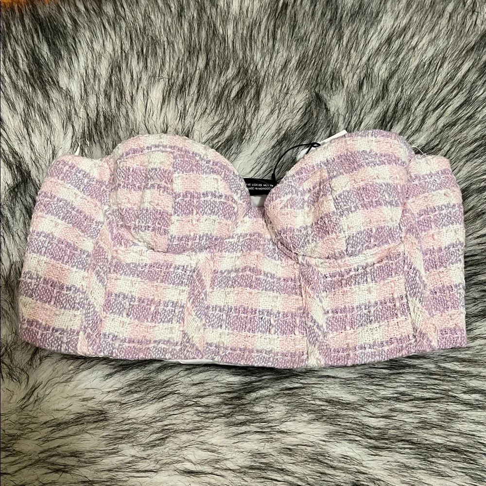 NWT ZARA Strapless Tweed Underwire Bustier Corset Top Lavender White Pink XS